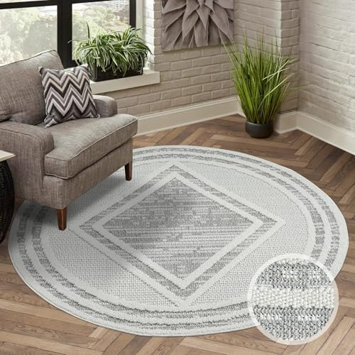 carpet city Teppich Kurzflor Wohnzimmer - Grau - 120x120 cm Rund - Teppiche Boho-Style - Raute-Optik - Schlafzimmer, Esszimmer