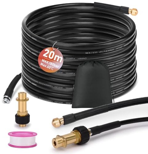 20M Rohrreinigungsschlauch Set für K2 K3 K4 K5 K6 K7, 180Bar 60°C Rohrreinigungsset, inkl. Tasche, Düsen starr, Abflussreiniger Rohrreiniger Hose Abflussschlauch für Hochdruckreiniger