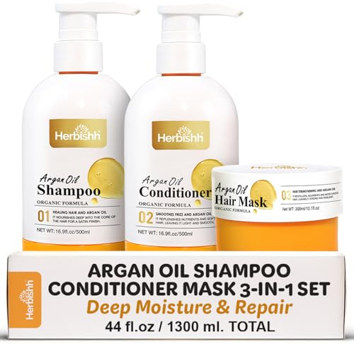 Herbishh Marokkanisches Arganöl Shampoo und Conditioner Set mit Haarmaske, feuchtigkeitsspendendes und tiefenreinigendes Set für trockenes, beschädigtes, krauses Haar, farbsicher und UV-Schutz
