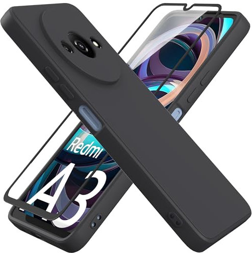 HHUIWIND Coque pour Xiaomi Redmi A3 4G (6.71) avec Verre Trempé écran Protecteur,Housse de Protection Silicone TPU Anti-Scratch Antichoc Bumper Étui Case Cover - Noir