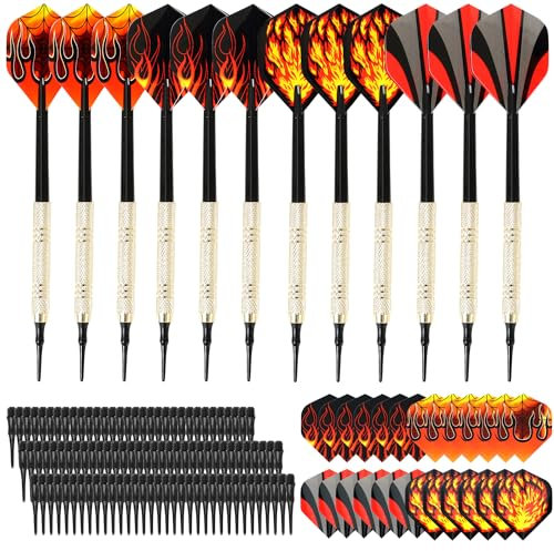 KIKIGOAL Dartpfeile mit weicher Spitze, 12 Stück mit 24 Schwänzen und 100 Stück Kunststoffspitzen, Sicherheits-Kunststoff-Flammenmuster, Kinder-Dartpfeile