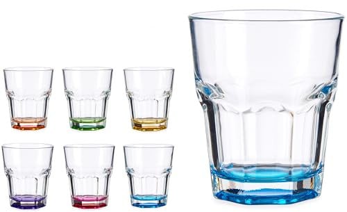 Annastore Trinkgläser mit buntem Glasboden - Spülmaschinenfest - Wassergläser bunt - Cocktailgläser - Saftgläser bunt - Longdrinkgläser mit buntem Glas (6 Stück - 285 ml - 8,8 x 8,8 x 9,5 cm)