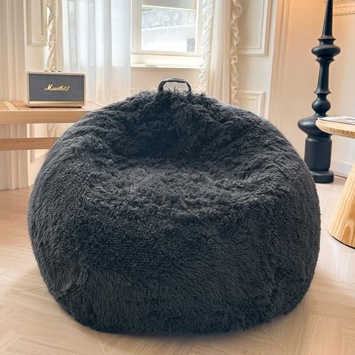 XeGe Flauschiger Kuscheltier-Speicher-Sitzsackbezug (ohne Füllung), ultraweicher Kunstfell-Sitzsackbezug für Plüschtiere, Flauschiger großer Sitzsack für Erwachsene, Kinder, Jugendliche, Dunkelgrau
