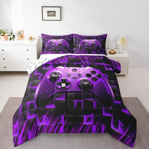 Waben-Gamepad-Bettwäsche-Set, Doppelgröße, geometrische Quadrate, kariert, wendbar, für Jungen und Herren, Raumdekoration, Videospiel-Controller, moderne Gamer-Daunendecke, violette Bettdecke, 1
