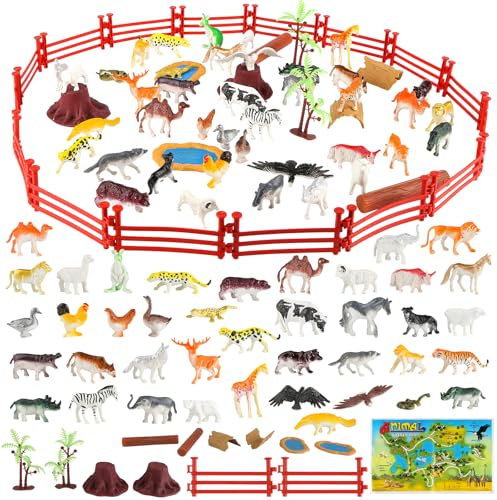 67 Pcs Plastic Animals Toys for Kids, Animal Toys Set, 3-8cm Animal Figures Toys, Farm Zoo Jungle Animals Toys Includes Fencing, Wood, Stumps, Coconut Trees, Pools, Maps for Boys Girls