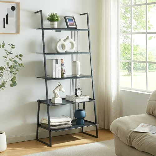 [en.casa] Scaffale a Scala con 5 Ripiani Libreria Mobile Espositore Multifunzionale a Forma di Scala 183,5 x 80 x 40 cm per Casa Ufficio - Nero