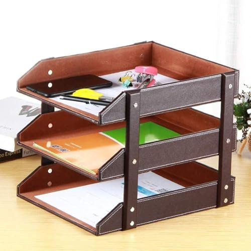 GQQDDD Aktenständer, Briefablagen, Aktenständer, 3-lagige, Herausnehmbare Dokumentenablage Aus Holz, Pu-Leder, Stapelbare Dokumentenablage(Color:Schwarz)