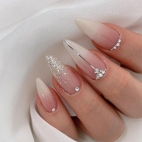 NICENEEDED 24 pièce de Faux Ongles à Pression Dégradé Blanc Faux Ongles Courts en Amande Faux Ongles Ongles en Acrylique à Couverture Complète pour Femmes