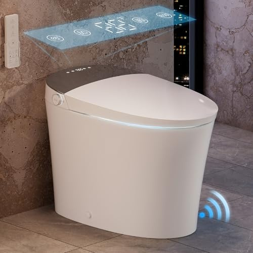 CANEST ADA Toilettes intelligentes de luxe avec réservoir intégré, siège chauffant, ouverture automatique, capteur de pied, double chasse automatique, télécommande, veilleuse, affichage LED (FC-001)