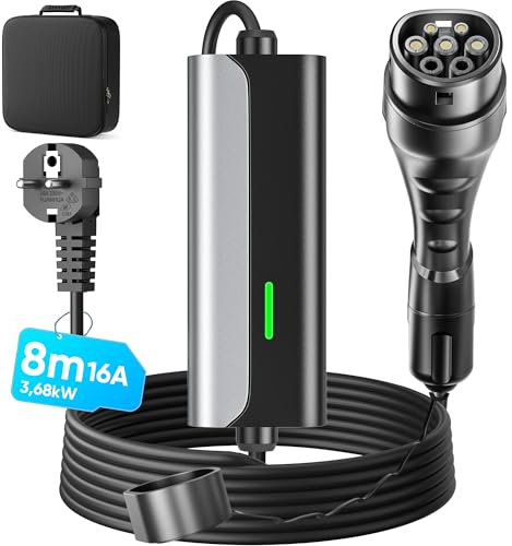 Chargeur Voiture Electrique Type 2-8M - 3,68kW EV Chargeur Type 2 16A, Câble Recharge Voiture Electrique Rapide 3,68kW, vec Voyant LED, IEC 62196-2, IP65, pour EVs und PHEVs