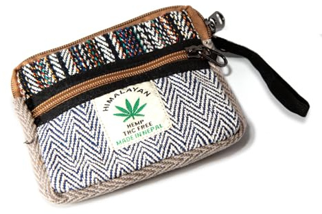 Himalayan Hemp Geldbörse, Fischgrätmuster blau/weiß - praktisches Portemonnaie aus Hanf, Jede Geldbörse EIN Unikat, Zwei Fächer mit Reißverschluss. Handgefertigt in Nepal. Vanlife, Reisen & Festivals