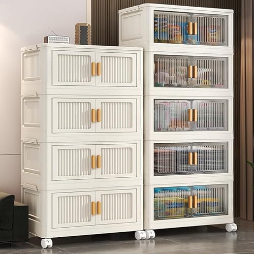 Storage Boxes with Lids,130L 5 Tier Plastic Folding Closet Organiser and Storage Bins with Front Door and Wheel,Capacity Stackable Containers with Magnetic for Bedroom Home Office