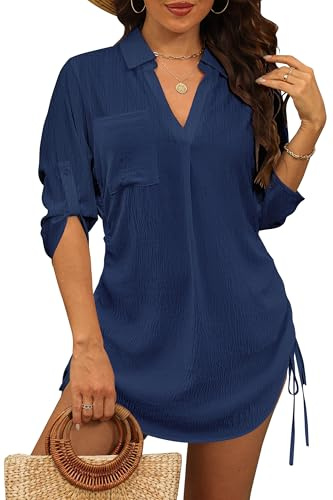 StylSense Damen Strandkleid Sommer Bikini Cover Up Badeanzug Sommerkleider Damen Leicht Strandponcho Bluse mit Tunnelzug (Blau, S)