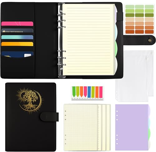 Qefuna A5 Ringbuch,Ringbuch A5 nachfüllbar,PU Einband mit Folienprägung Sun Tree of Life Muster, mit180 Blatt Nachfüllpapier, mit Einstecktaschen und Trennblättern,Schwarz