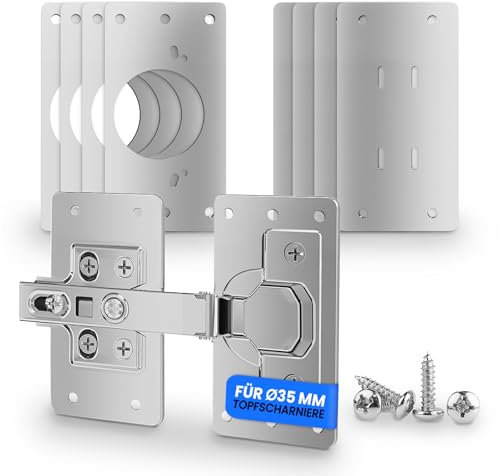 LIVING-TEC ® Scharniere Reperaturplatte 4er Set – Scharnier Reperaturset mit 4 Stahl-Platten und 48 Schrauben – Kein Bohren nötig – Hochwertige Schrank-Scharniere Reparaturplatte für Topscharniere