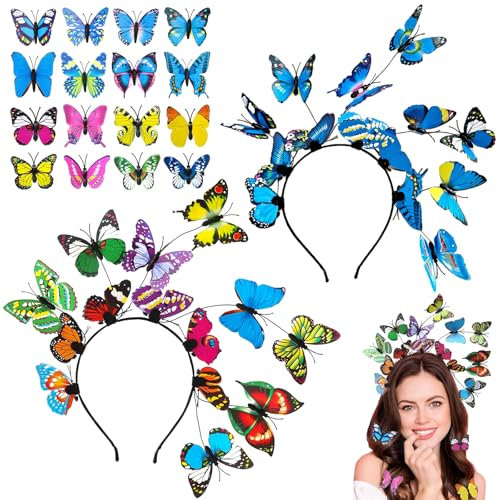 TTYSHIP® 2 Pièces Serre Tete Papillon, Serre Tete Papillon Femme avec 16 Pince Cheveux Papillon pour Carnaval, Cosplay, Mariage (Bleu/Coloré)
