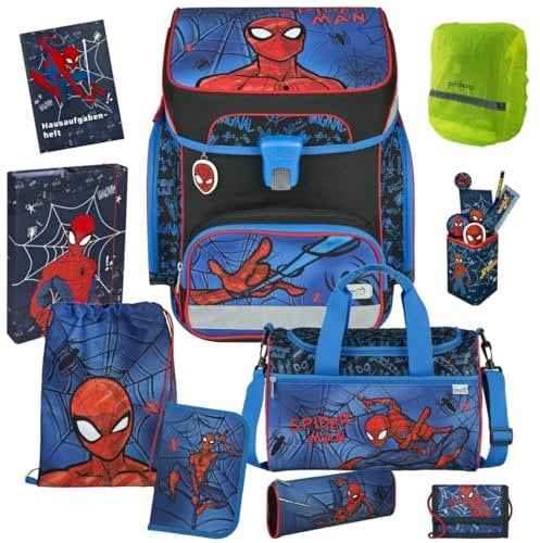 Scooli Schulranzen Jungen 1.Klasse EasyFit (11tlg. Set mit Sporttasche Brustbeutel Heftbox Hausaufgabenheft Stifteköcher, Regenhülle gratis, Spider-Man)