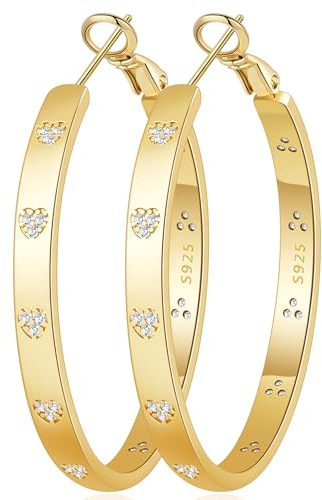 BMMYE Sterling Silver Hoop Earrings for Women Lightweight Gold Hoop Earrings with Heart Cubic Zirconia 20/30/40/50/60/70mm Hypoallergenic Hoops