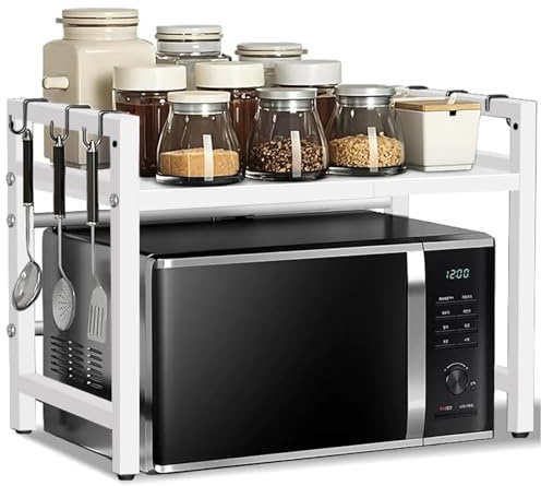 FANFX Microwave Shelf,2 Tier Adjustable Over Microwave Shelf Unit,Microwave Stand with Cutting Board Rack & 6 Hooks,Carbon Steel Kitchen Shelf Organizer for Countertop,Pots,Pans&Cutting Boards(White)