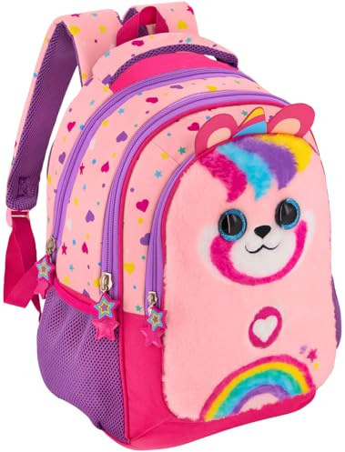 Schulrucksack Mädchen 43×33×15 cm – Plüsch Bär mit Regenbogen, 3D-Design, ergonomisch, gepolsterte Träger, verstärkter Boden – Grundschule Klasse 1–4 – mit Trolley-Schlaufe – Fanartikel