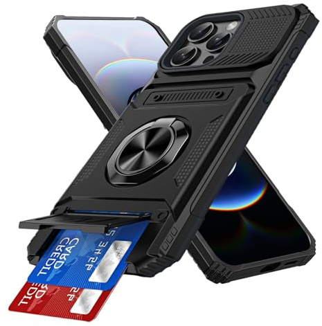 IMEIKONST Coque pour iPhone 13 Pro 6.1 Pouces avec Porte Carte Noir TCKB | Anneau Magnétique Béquille, Protection Caméra, Silicone Protection Militaire Antichoc Étui, PC Dur Anti-Rayures Housse