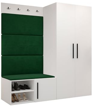 Mirjan24 Garderoben-Set Mapreni I, Schuhschrank + Kleiderhakenbrett + Kleiderschrank Gepolstertes Paneel/Wandpaneel Kleiderhaken Flurgarderobe Wandgarderobe (Weiß, Manila 35)