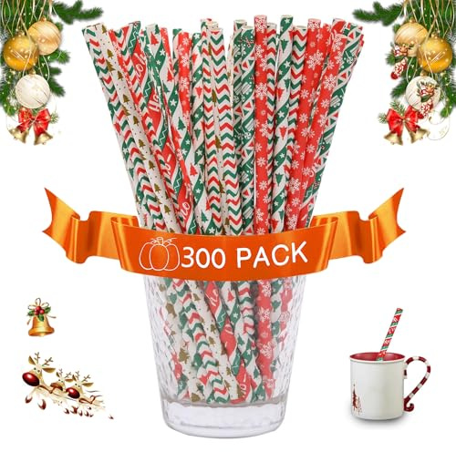Weihnachten Papierstrohhalme, 300 Stück Bunte Papier Trinkhalme, Weihnachtsbaum Schneeflocken Trinkhalme, Weihnachten Strohhalme eignen sich für Party, Geburtstag, Hochzeit