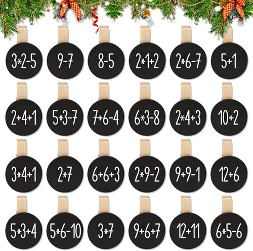 BETESSIN Adventskalender Zahlen Holz - 24 Holzklammern mit Mathe- Rechenaufgaben - Kreative Mathe Rechen Klammern für Adventskalender zum selber Basteln - Holzzahlen 1-24 für Weihnachtskalender