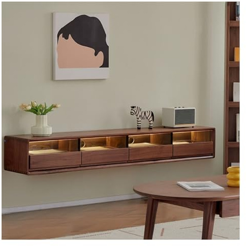 GEK208130 Home Walnut Floating Wood Floating TV Stand, Wall Mounted TV Cabinet with 4 Doors, Modern Entertainment Media Console Center Large Storage Shelf Under TV Cabinet(Small)