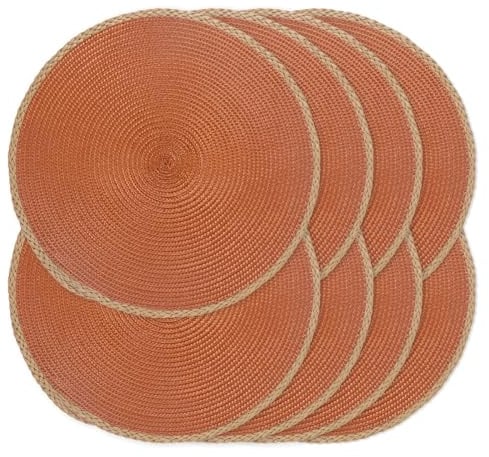 Noctiflorous Round Placemats Set of 8, 15 Inch Braided Hand Woven Table Mats, Heat Resistant Non-Slip Wipeable Place Mats for Kitchen Dining Indoor Outdoor Use(Brown Thin Edge, Dark Orange, 8)