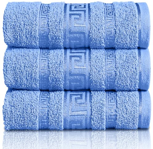 GC GAVENO CAVAILIA Greek Bath Sheet - Pack Of 3 100% Egyptian Cotton Towels Bath Sheets - Extra Large Soft Highly Absorbent Quick Dry Towel (90x150 cm) - 550 GSM Towels For Bathroom - Blue