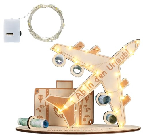 Geldgeschenk Geburtstag Holz Flugzeug Geldgeschenk Reise mit Geschenkbefüllungsöffnung LED Lichtleiste, Reisekasse Geschenke für Weihnachten Frauen Männer Dekoration