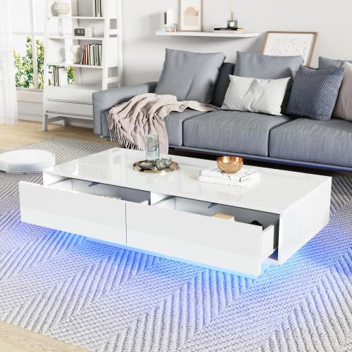 Merax Hochglanz Couchtisch 115 x 55 x 34 cm, Wohnzimmertisch mit 2 Schubladen, LED-Beleuchtung und 30 kg Tragkraft – Eleganter Wohnzimmertisch Weiß