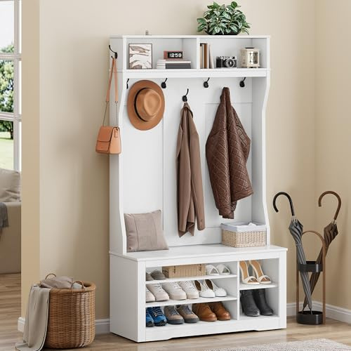 YITAHOME Garderobenständer mit Schuhbank, Schuhregal, Garderobe, Weiß | Garderobenschrank Flurgarderobe mit 5 verstellbaren Schuhfächern 9 Haken & Oberschrank für Diele & Wohnzimmer 100x35x180.5cm
