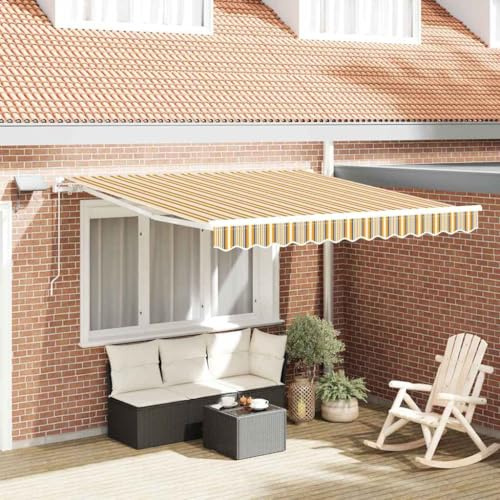 Emmtore Gelenkarmmarkise Einziehbar mit LED Markise Sonnenmarkise Balkonmarkise Sonnenschutz Sichtschutz Fenster Terrasse Gelb/grau/weiß,300 x 250 cm
