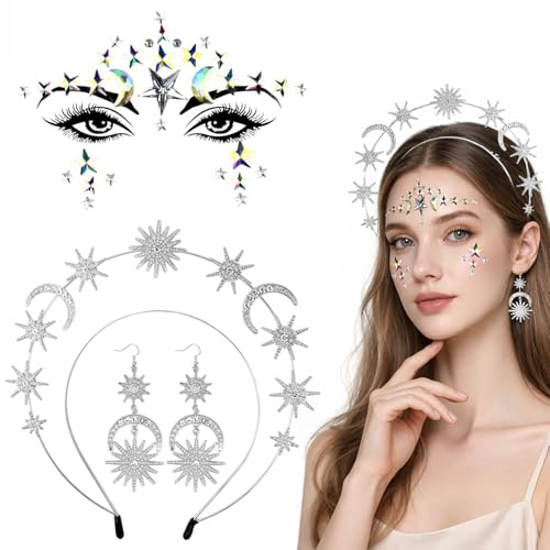 COLEESON 3 Stück Haarreif Sterne, Karneval Kostüm Damen, Sonne Mond Sterne Kostüm mit Glitzer Gesichtstattoo und Ohrringe für Karneval, Festival und Party (B)