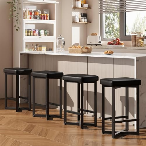 Garvee Lot de 4 Tabourets de Bar sans Dossier, Hauteur 62,5 cm, Chaise de Bar avec Siège Rembourré en Simili-Cuir PU, Chaise Haute Bar avec Repose-Pieds Intégré, Noir