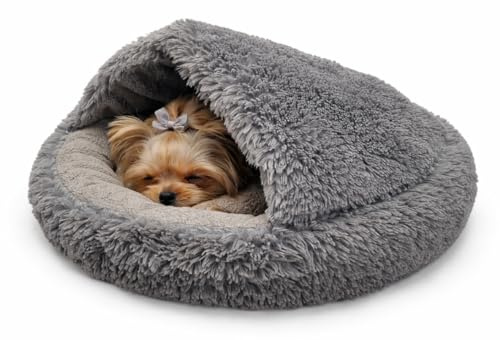 Odolplusz Rundes Kuschel-Hundebett und Katzenbett, Grau, Shaggy Bouclé, Schlafsack-Design, Warmes Höhlenbett, Rutschfester Boden, Maschinenwaschbar, für kleine Hunde und Große Katzen (60 cm) | Höhlen-Design, Rutschfester Boden, Maschinenwaschbar, Für Hunde & Katzen, Wärmespeichernd