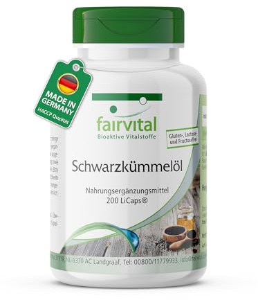 fairvital Huile de cumin noir, 200 gélules, pressée à froid, Nigella sativa originale, 3000mg par jour, qualité certifiée et hautement dosée, fabriquée en Allemagne