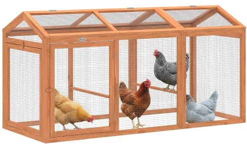 PawHut Hühnerstall mit Sitzstange Doppeltüren 156 x 70,5 x 84 cm Orange | Freilaufgehege, Hühnergehege, Hühnerkäfig aus Holz und Metall, Freigehege für 4 Hühner, Wachtel Kleintiere