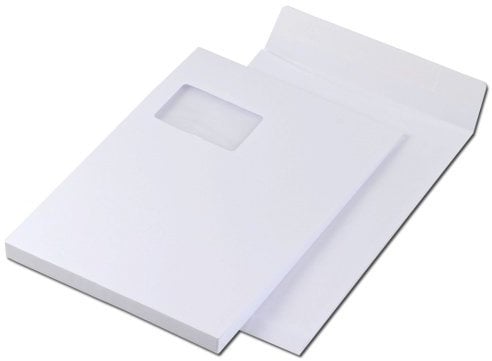 Faltentaschen C4 229x324x20 mm mit Fenster, Faltentasche, DIN C4, mit 2 cm Bodenfalte, 120 g/m², haftklebend,100 Stück, weiß dimapax