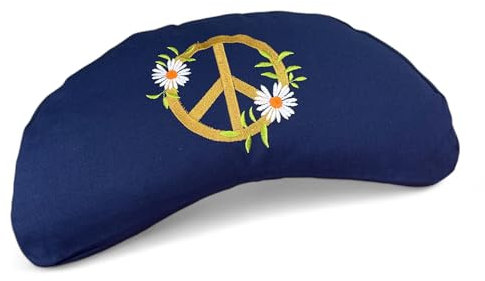 maylow Yoga mit Herz® Hochwertiges Yogakissen Shivaya Halbmond Bezug waschbar Innenkissen gefüllt mit Bio-Dinkelspelzen (blau/PEACE mit Blume)