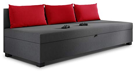 Schlafsofa Misti III - Einzelbett mit Kissen, Sofa mit Bettkasten, Bettsofa, Farbauswahl, Bettgestell, Komfortbett, Bett für Jugendzimmer, Schlafmöbel (Graphit + Rot (Lux 06 + Lux 14))