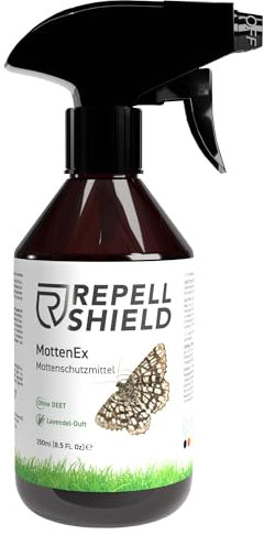 RepellShield® Spray Antipolillas para Ropa Armario y Cocina - con Aceite Esencial de Lavandin - Uso Interior y Exterior -No Mancha - 250ml - Alternativa a Trampas Polillas Alimentos
