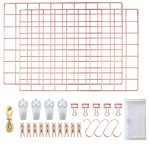 LOYONAL Rose Gold Metal Grid Board - Multifunctional Wire Wall Mesh Display and Organiser - Set of 2-42x31cm