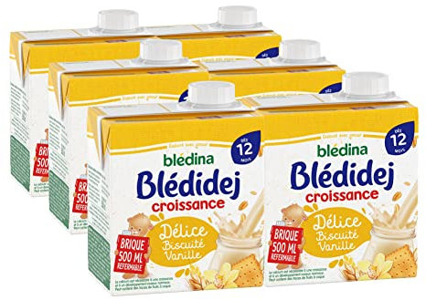 Blédina Blédidej - Céréales bébé Lactées Délice Biscuité Vanille - Dès 12 Mois - 6 briques de 500mL (L'emballage peut varier)