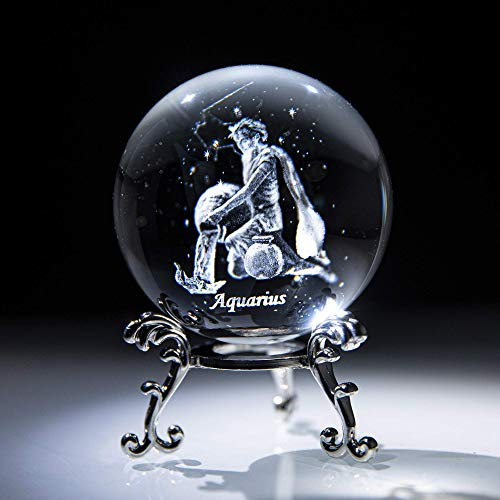 3D Laser Constellation Crystal Ball 60mm Crystal Paperweight Full Sphere Glass Fengshui with Sliver-Plated Flowering Stand(Aquarius)