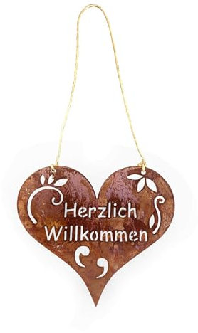 Edelrost Herz - Willkommen - Schild Gartenstecker Metall Gartenfigur, Metall Figur Gartendekoration schwere Ausführung (Willkommen hängend 26cm)