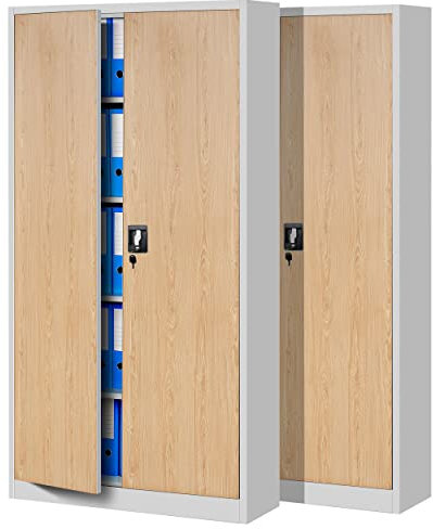 Jan Nowak 2er Set Aktenschrank C001 Metallschrank Stahlschrank Werkzeugschrank Büroschrank Lagerschrank Universalschrank Pulverbeschichtung Flügeltüren 185 cm x 90 cm x 40 cm (weiß/holzoptik)