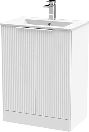Hudson Reed DFF125B Fluted Modern Bathroom Floor Standing 2 Door Vanity Basin Unit with Minimalist Ceramic Basin, 600mm, Satin White